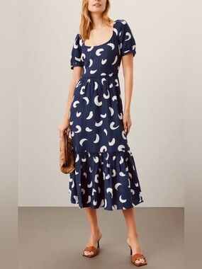 Polo Ralph Lauren Brushstroke Motif Navy Linen Tiered Puff-Sleeve Maxi Dress 8